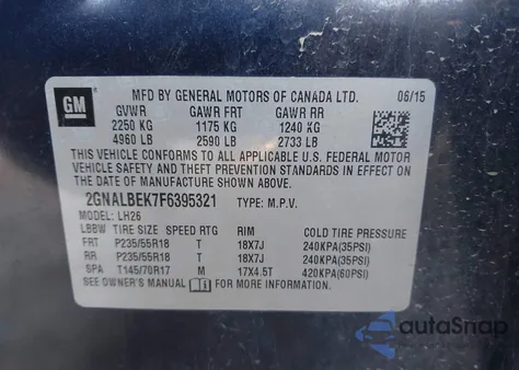 2015 Chevrolet Equinox 1Lt z USA, uszkodzony, nr VIN 2GNALBEK7F6395321